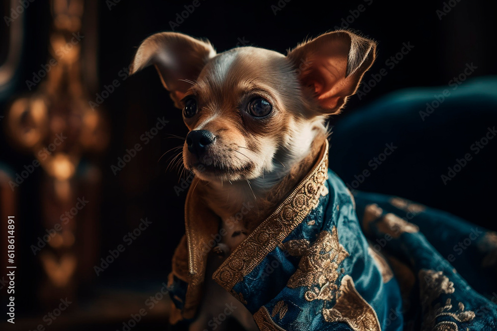 Cute domestic dog in a luxurious uniform. Generative AI