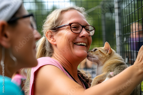 Pet adoption event capturing the moment when a rescued animal finds its forever home, highlighting the life-changing impact of pet companionship. Generative AI photo