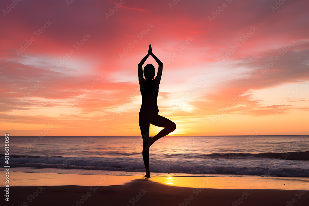 Woman doing yoga on a serene beach at sunset, peaceful and balanced. Generative AI