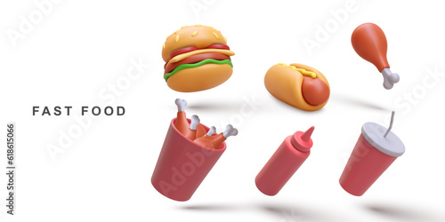 3d realistic set Hot Dog, soda, ketchup, Hamburger fried chicken in a paper bucket and fried chicken legs on white background. Vector illustration.