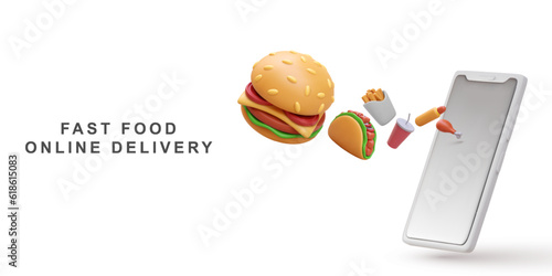 3d realistic Fast food online delivery on white background. Vector illustration.