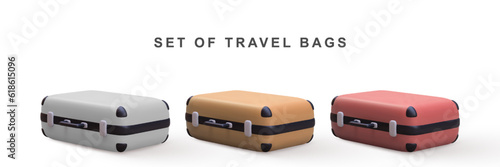 3D realistic set travel bags. Vector illustration.