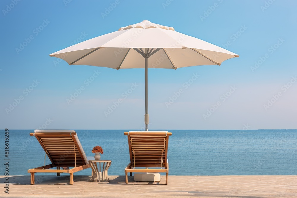 sun lounger and umbrella with beach in background