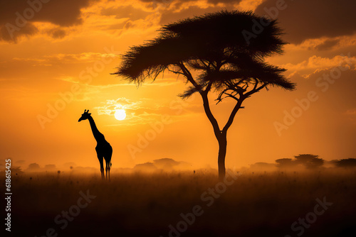 Giraffe silhouette walking beside a acacia tree. Yellow, red, orange color sunset over savanna. Amazing African Wildlife. Generative Ai