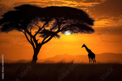 Giraffe silhouette walking beside a acacia tree. Yellow, red, orange color sunset over savanna. Amazing African Wildlife. Generative Ai