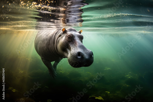 African hippo swimming underwater. Amazing African Wildlife. Generative Ai © Shootdiem