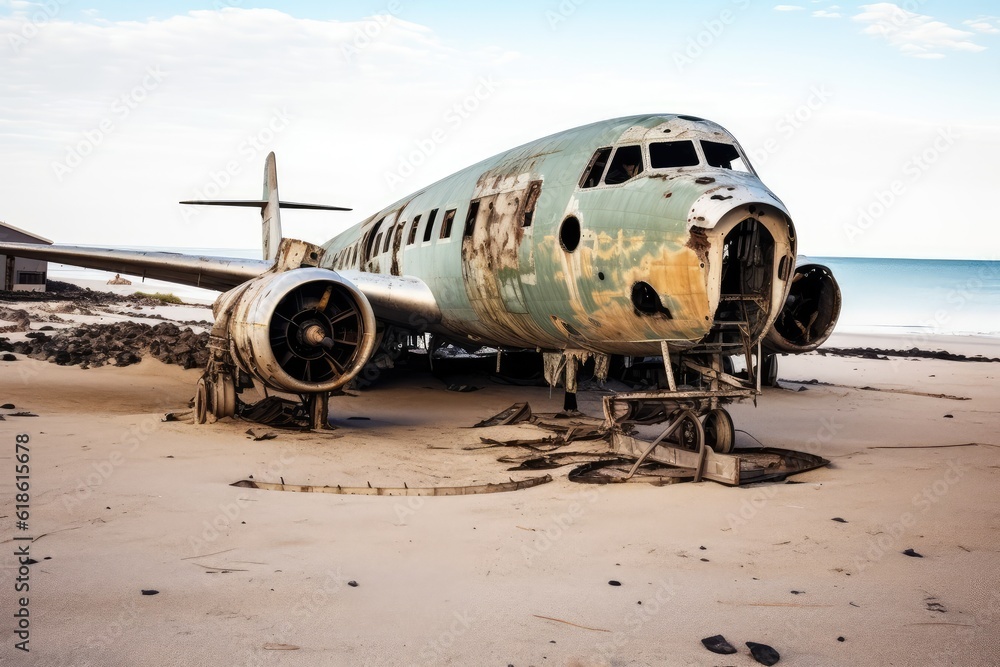 stock photo of Abandoned Aircraft in the beach