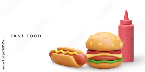 3d realistic Hot Dog, Hamburger and ketchup on white background. Vector illustration.