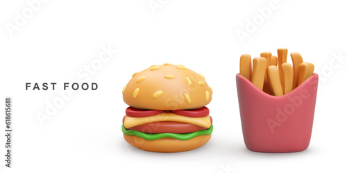 3d realistic Hamburger and fries potatoes on white background. Vector illustration.