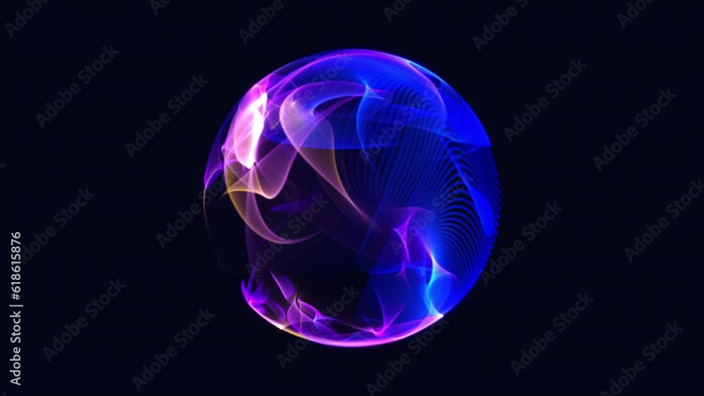 Bright glowing rotating particle 3d sphere in the Universe. Abstract technology, science, engineering and artificial intelligence background. Animated wave energy orb. Purple and blue. 4k loop.
