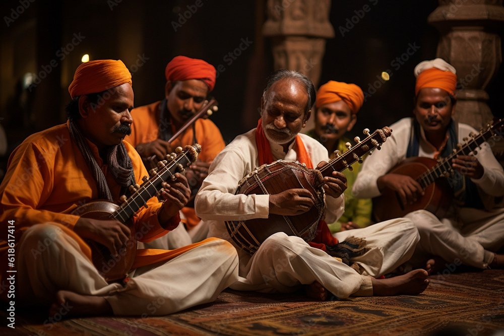 A group of men playing traditional musical instruments during a folk