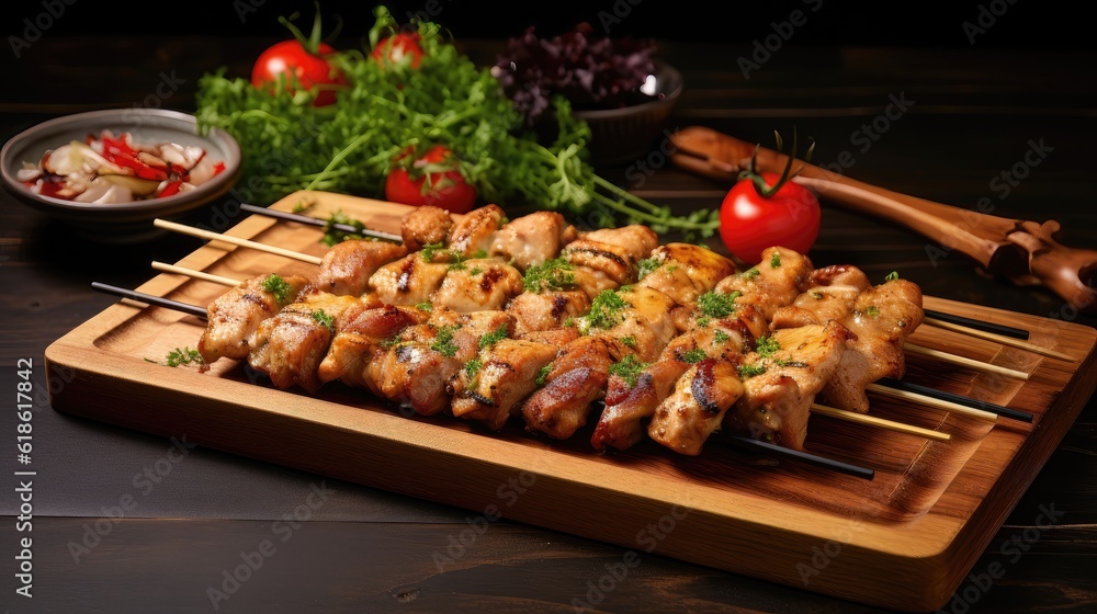 shish kebab on skewers, Picnic table with delicious chicken kebab skewers shish kebab on skewers, Picnic table with delicious chicken kebab skewers