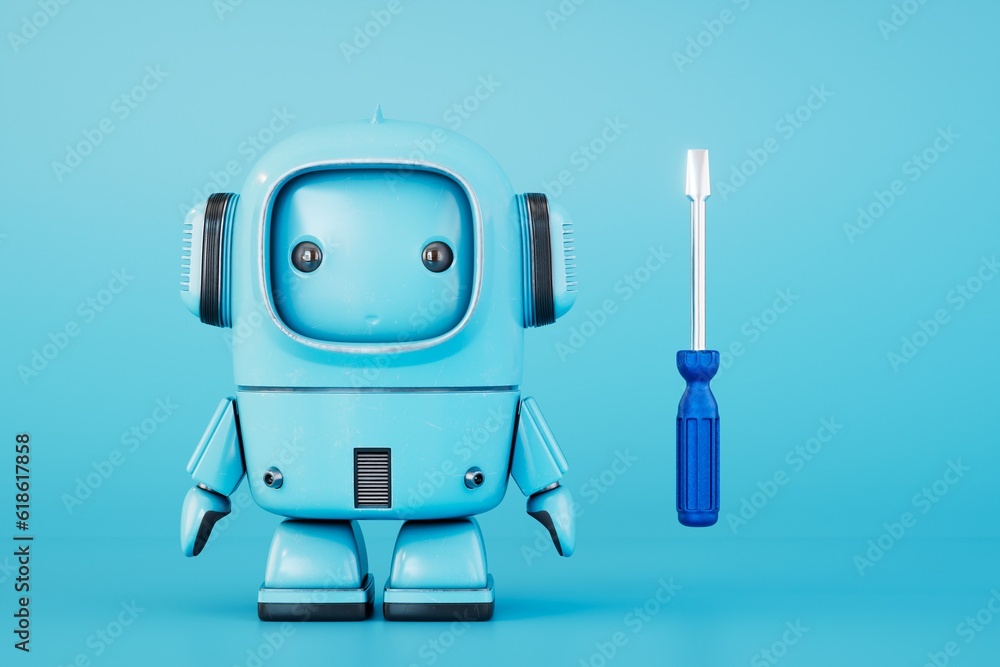 The robot performs minor chores around the house. Robot and screwdriver on a blue background. 3D render The robot performs minor chores around the house. Robot and screwdriver on a blue background. 3D render