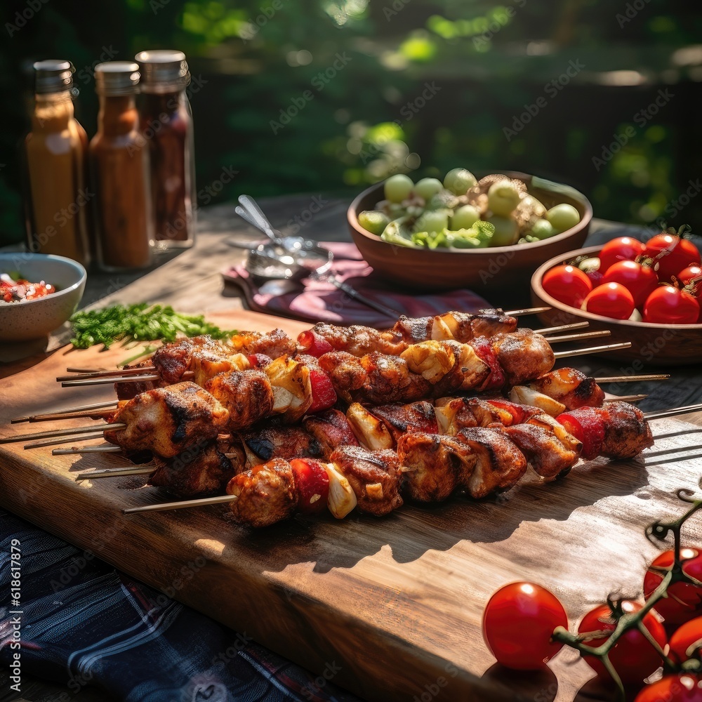 shish kebab on skewers, Picnic table with delicious chicken kebab skewers