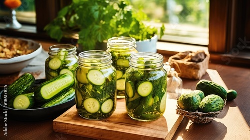 pickled cucumbers in glass jar, Pickling jars with fresh cucumbers on wooden table, flat lay