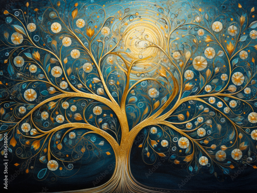 Tree of Life Artwork. Golden abstract tree with sun shinning on blue canvas, in the style of intricate floral prints, dark silver and dark blue. Ai generative.

 - obrazy, fototapety, plakaty 
