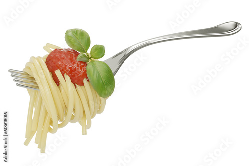 spaghetti with tomato sauce and basil on a fork