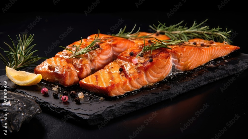 grilled salmon on a plate, pieces of grilled fish on a black stone background. Recipe. Seafood.