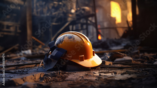 Broken and dirty protective helmet of a construction worker or a fireman. AI generated
