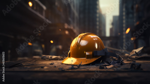 Broken and dirty protective helmet of a construction worker or a fireman. AI generated