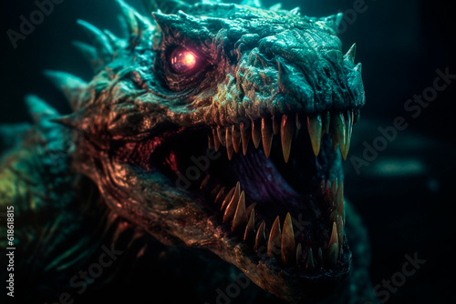 Huge lizard with big teeth. Generative AI © ARAMYAN