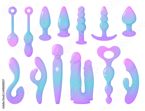 Fantasy sex toys. Cute pastel gradient unicorn color.Set of erotic clipart. Anal plugs, vibrators, balls, dildo.