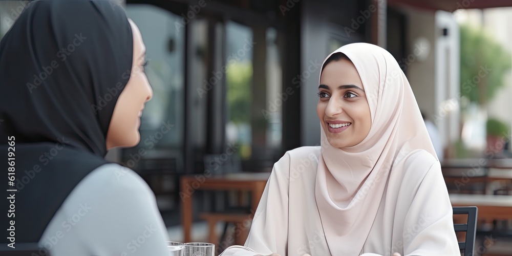 Smiling happy BIPOC businessman executive CEO in a business suit and Hijab having a lunch meeting with a client in an office cafe setting -room for copy text, generative AI
Smiling happy BIPOC businessman executive CEO in a business suit and Hijab having a lunch meeting with a client in an office cafe setting -room for copy text, generative AI