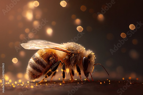 Queen Bee Working With Golden Pollen Background Generative AI