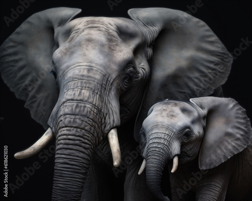 Elephant mother and calf (elephantidae in order proboscidean) on a dark studio background. Generative ai.