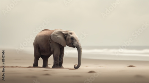 Elephant Walking Along the Ocean Shoreline - Unforgettable Blend of Wildlife and Seascape Beauty - African Asian Elephant  Loxodonta Africana   Elephas Maximus . Generative AI.