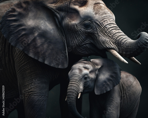 Elephant mother and calf  elephantidae in order proboscidean  on a dark studio background. Generative ai.