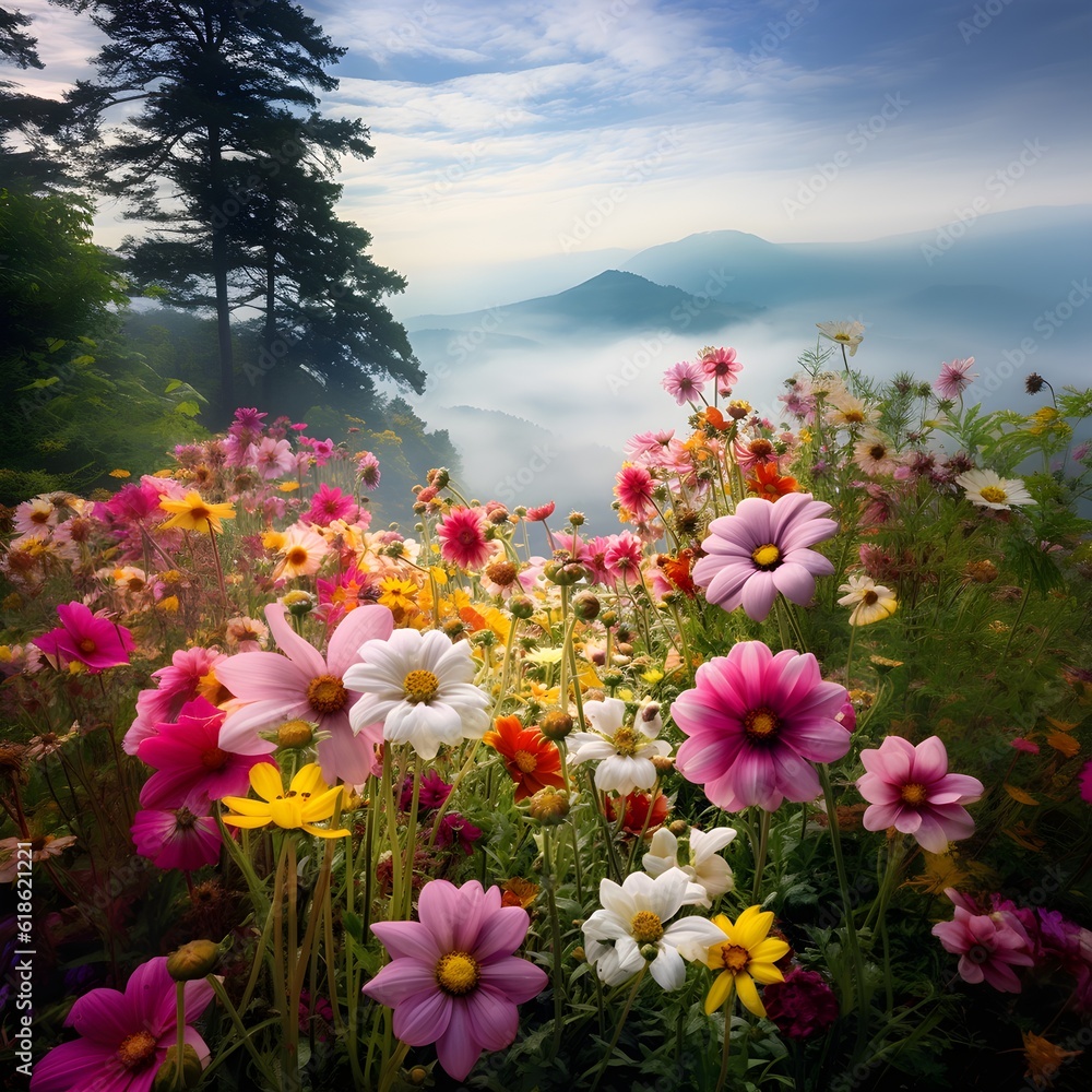 An ethereal composition capturing the interplay of flowers and the evening sky along the riverbank, as nature's colors blend harmoniously, creating a captivating scene in the fading light.