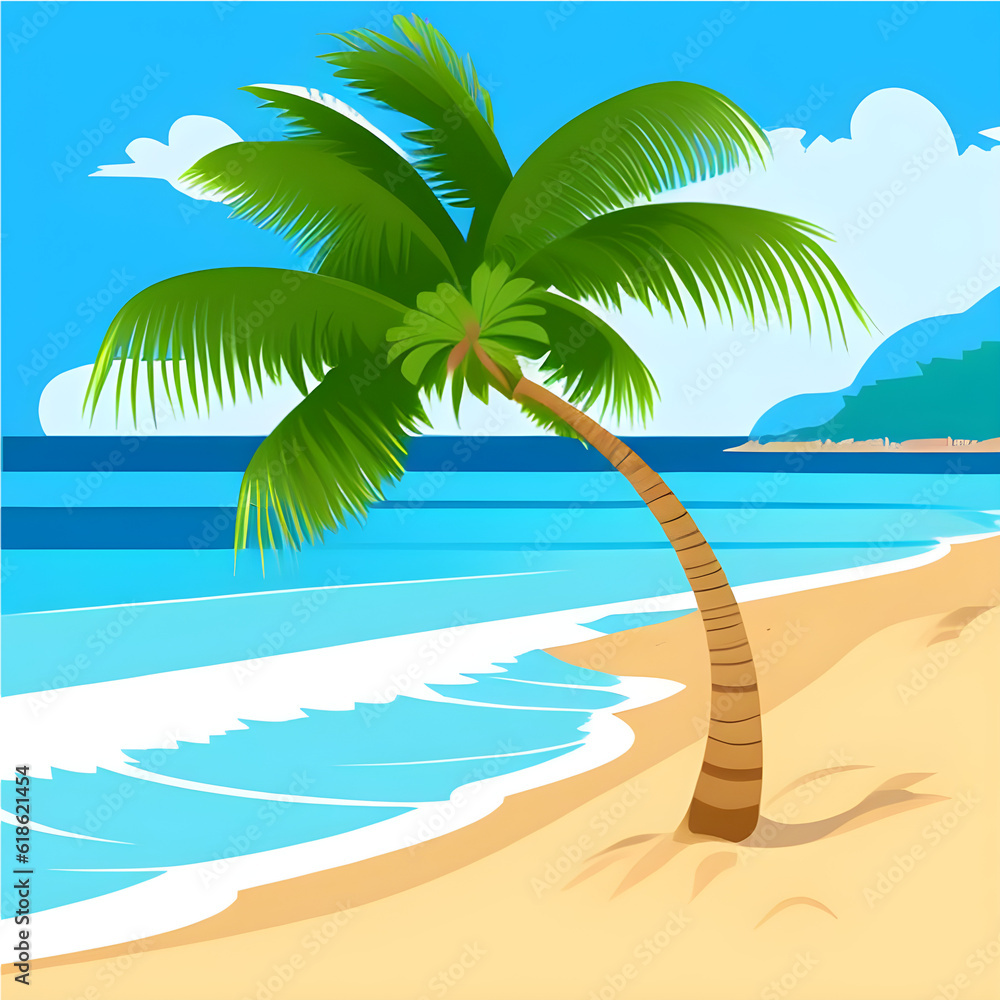 Fototapeta premium Cartoonised Tropical Beach 2D minimal Graphic Illustration