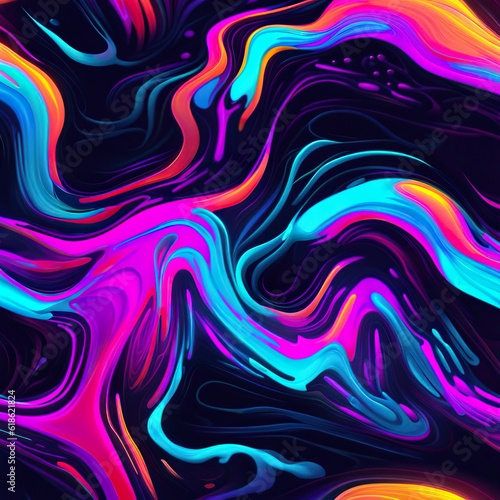 Glowing Neon Dynamic Fluid Liquid Wallpaper. Violet Blue Pink Colors. Colorful Swirl Gradient Backdrop. Bright Vivid Vibrant Fluid Shapes Surface. Multicolor Neon Gradient Background. Generative AI 