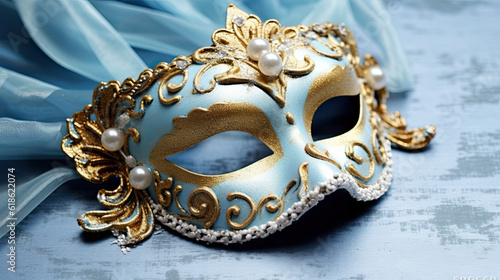 Masquerade mask on a pastel blue background