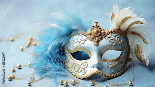 Masquerade mask on a pastel blue background