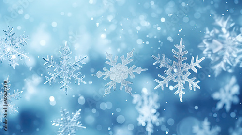 Blue bokeh background with snowflakes