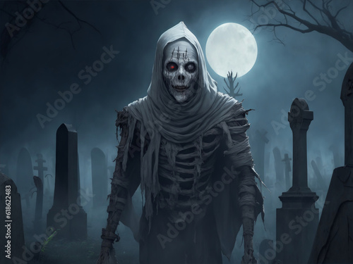 A decrepit, undead mummy stalks through a fog-filled cemetery. Halloween theme. Digital painting illustration created with Generative AI technology.