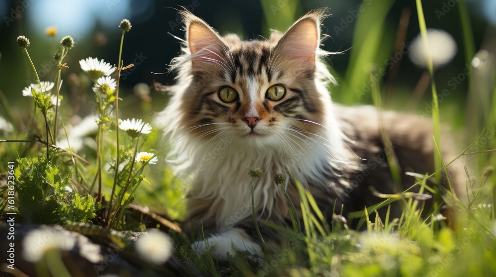 adorable cat in the field outdoors, cat day