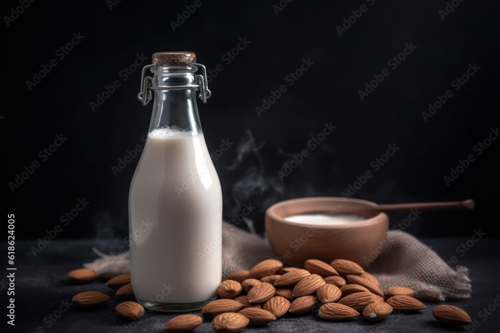 Vegan lactose free almond milk in glass bottle with almonds. Vegan lactose free almond milk in glass bottle with almonds.