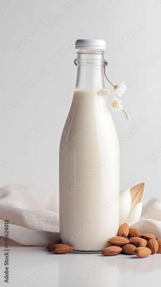 Vegan lactose free almond milk in glass bottle with almonds. Vegan lactose free almond milk in glass bottle with almonds.