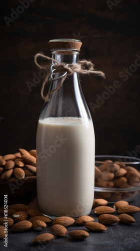 Vegan lactose free almond milk in glass bottle with almonds. 