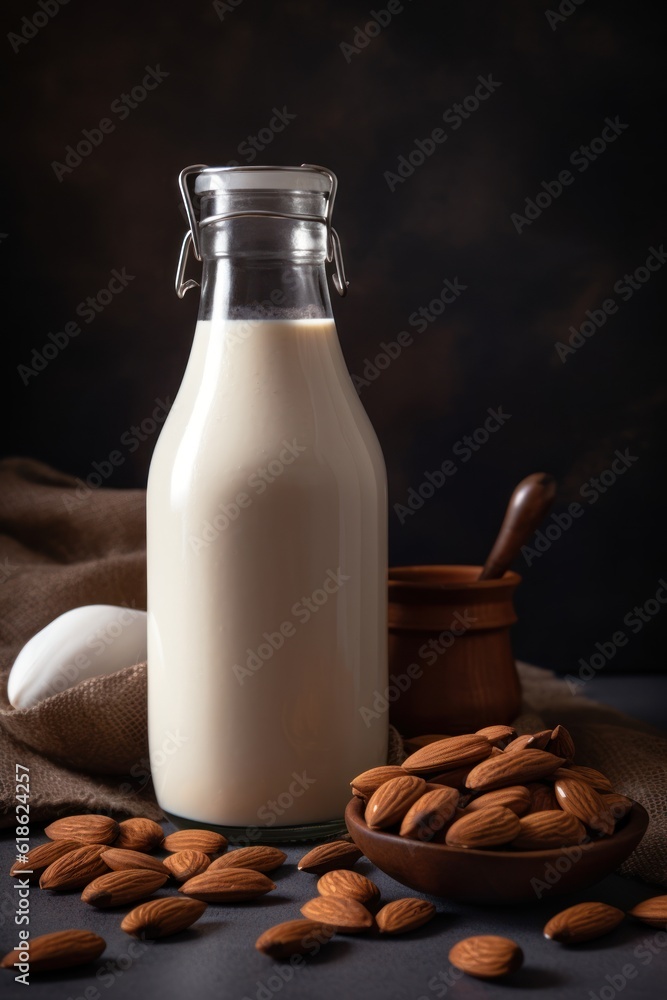 Vegan lactose free almond milk in glass bottle with almonds. Vegan lactose free almond milk in glass bottle with almonds.