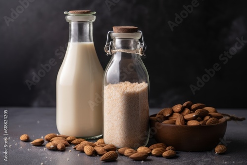 Vegan lactose free almond milk in glass bottle with almonds. 