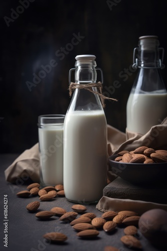 Vegan lactose free almond milk in glass bottle with almonds. 