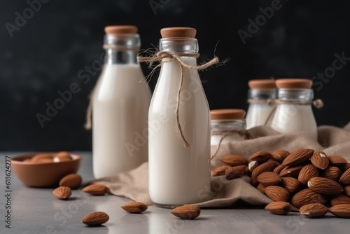 Vegan lactose free almond milk in glass bottle with almonds. 