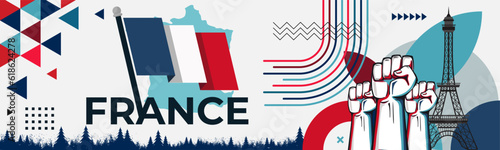 France Bastille day banner design. French flag theme graphic art web background. Abstract celebration geometric decoration, red white blue color. France national day flag vector illustration.