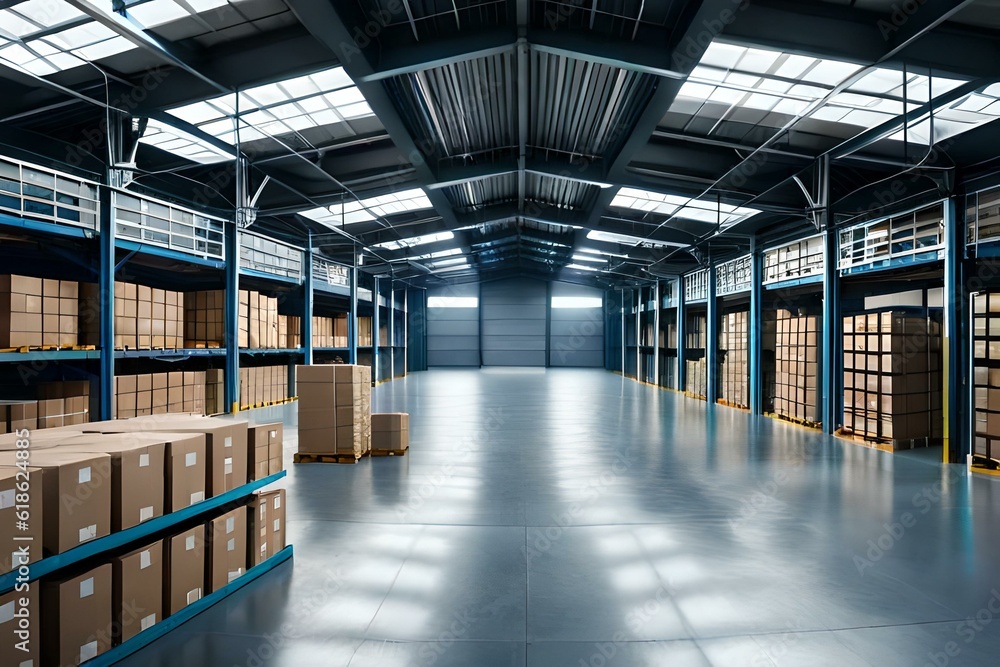 Large warehouse with products. hangar for storage of goods. Generative AI