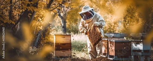 Slika na platnu Beekeeper at the apiary  bees country. generative ai
