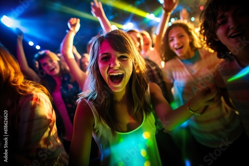 Happy teenagers enjoy a disco dancing. Generative Ai